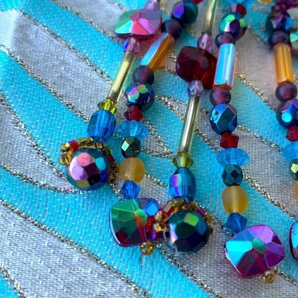 Multi color glass artisan beaded festoon chandelier earrings clip back red - Picture 8 of 10